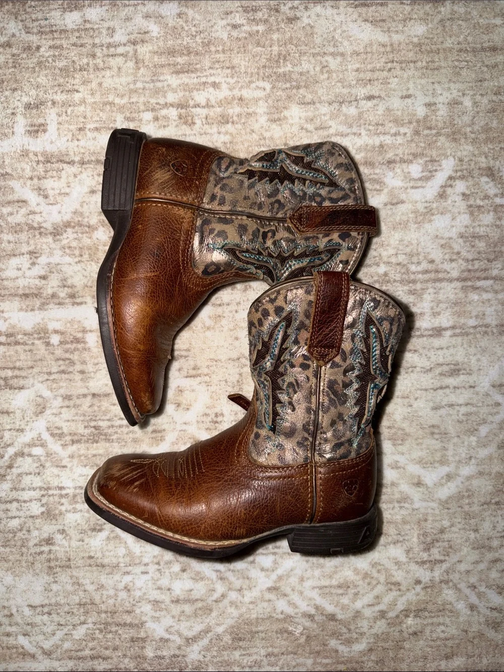 Ariat Kids Brown Leather Cowboy Boots with Leopard-Print Shaft & Teal Stitching